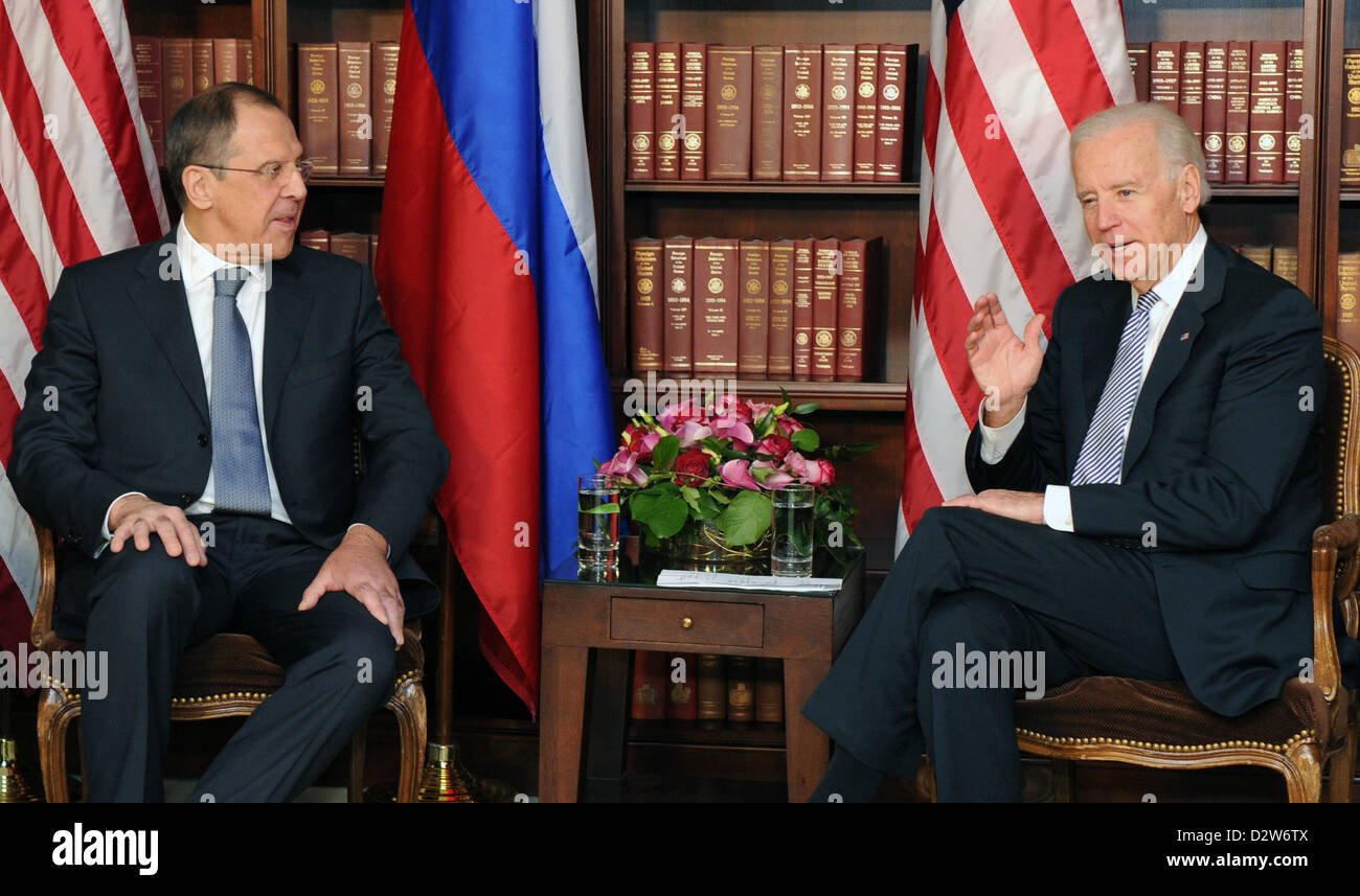 Rusisian Foreign Minister Sergey Lavrov (L) and US Vice President Joe ...