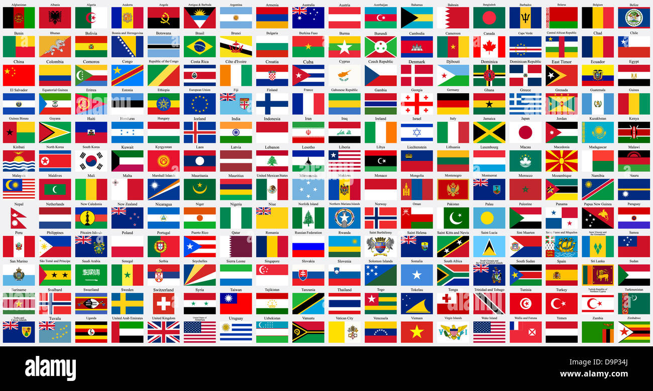 Alphabetical World Flags Complete Collection Isolated On Gray