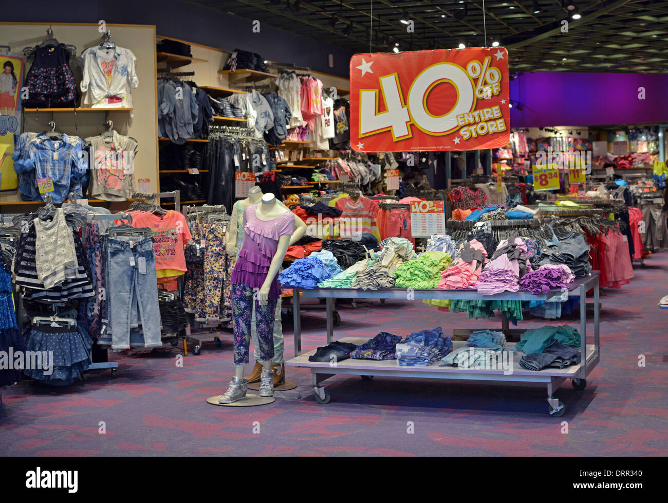 A girl's clothing store called Justice at Roosevelt Field mall with a 40%  off sale. In Garden City Long Island, New York Stock Photo - Alamy