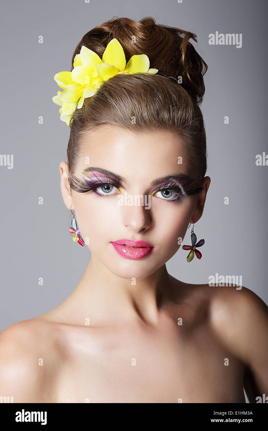 Eccentric Showy Woman with Vivid Colorful Makeup and False Long ...