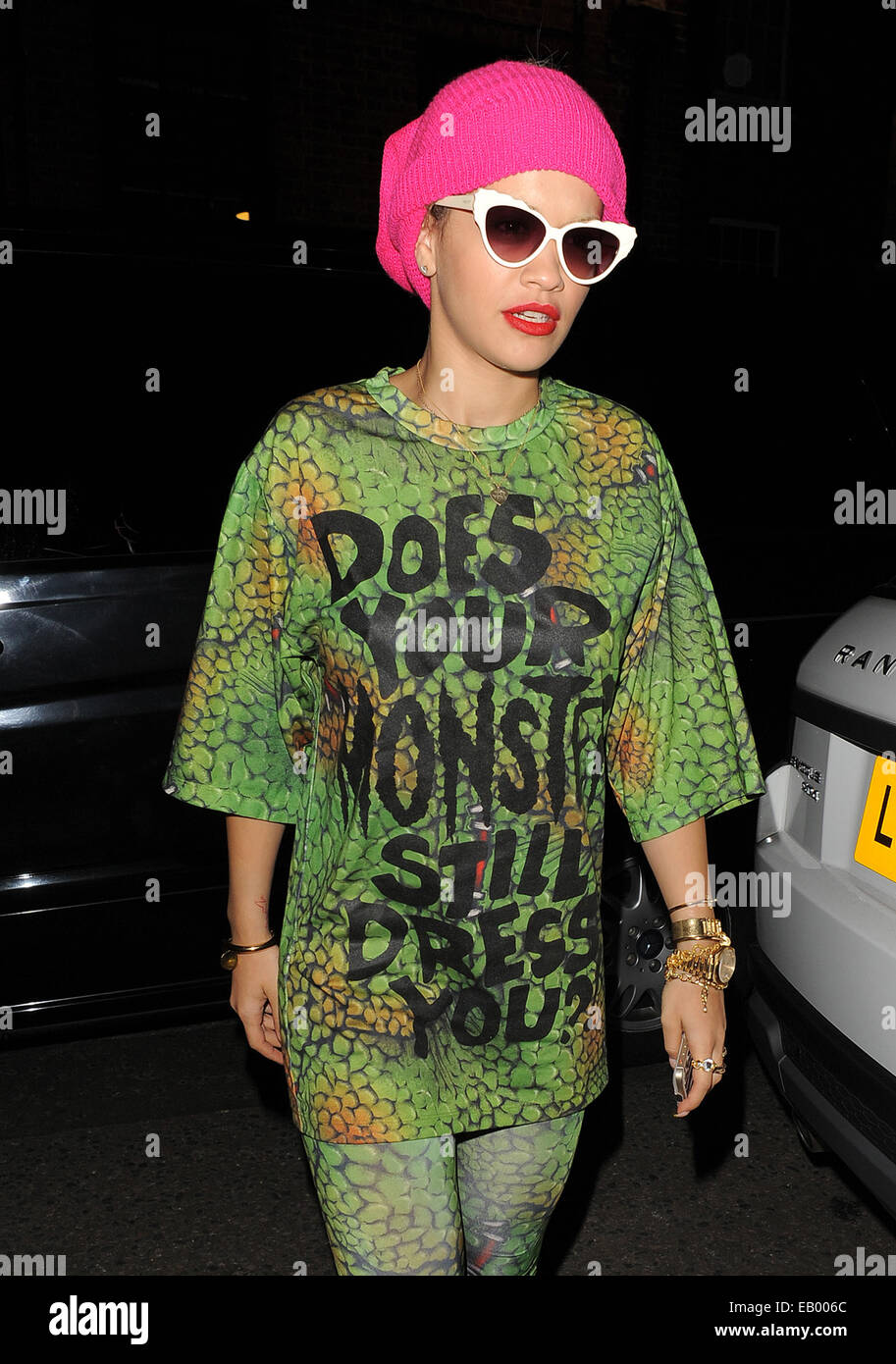 Rita Ora arriving at her sisters house late at night, wearing a reptile ...