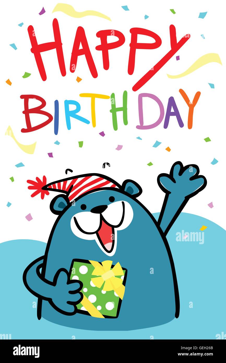 colorful happy birthday card with bear cartoon vector Stock Vector