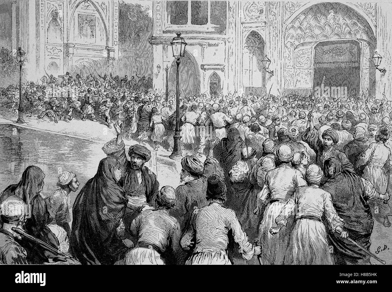 The tobacco revolt in Persia. Crowd in front of the palace of the Shah ...