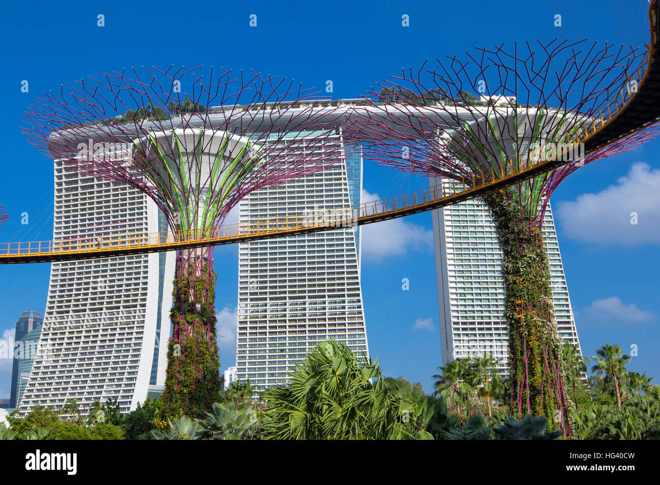 Gardens by the bay and Marina Bay Sands hotel, Singapore Stock
