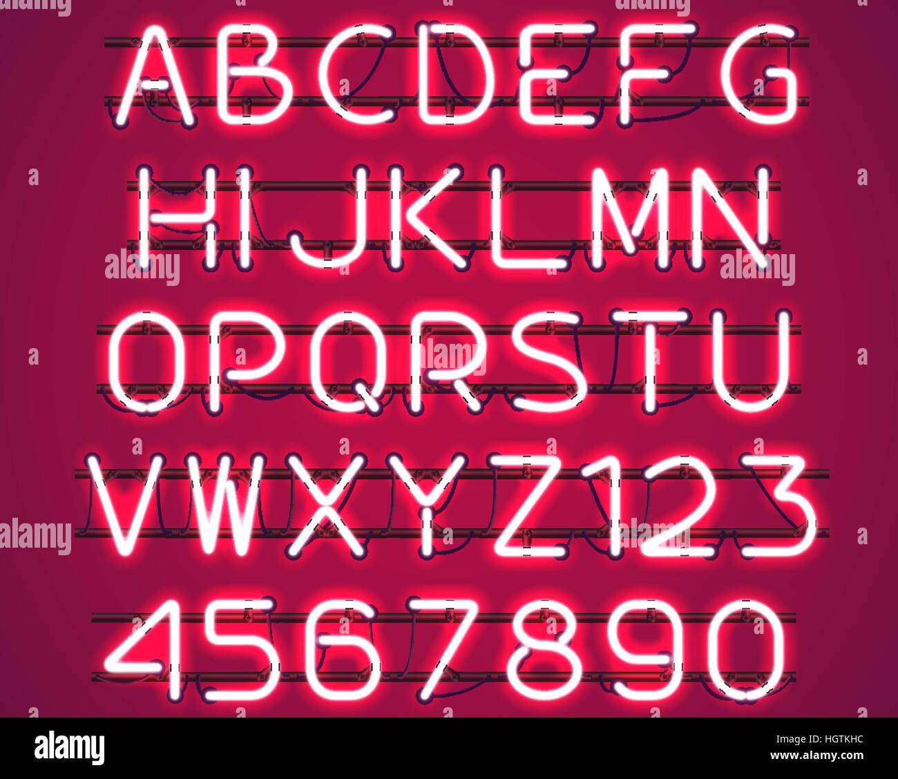 Glowing Red Neon Alphabet with letters from A to Z and digits from 0 to ...