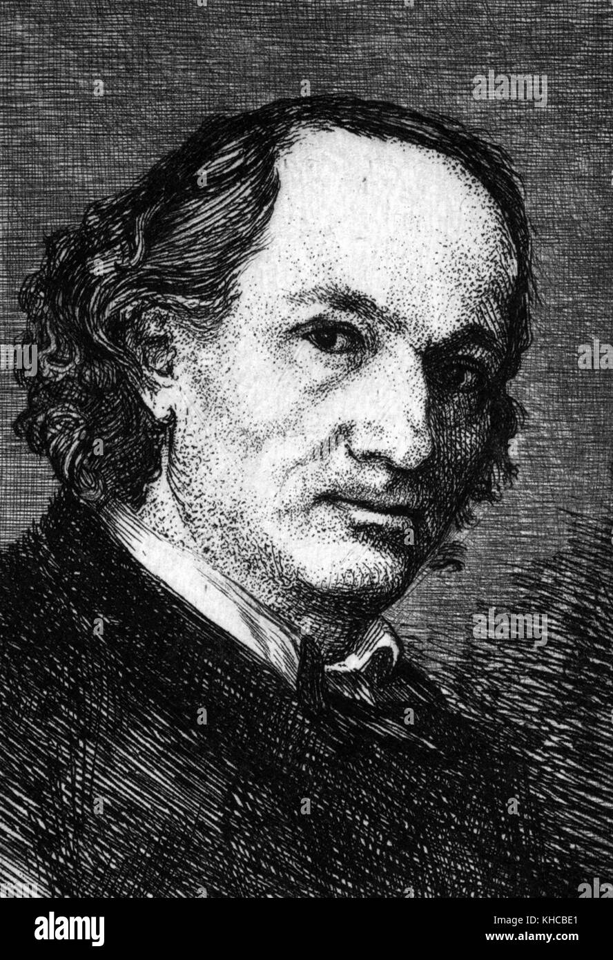 Etched portrait of a mature Charles Baudelaire, French poet who also ...