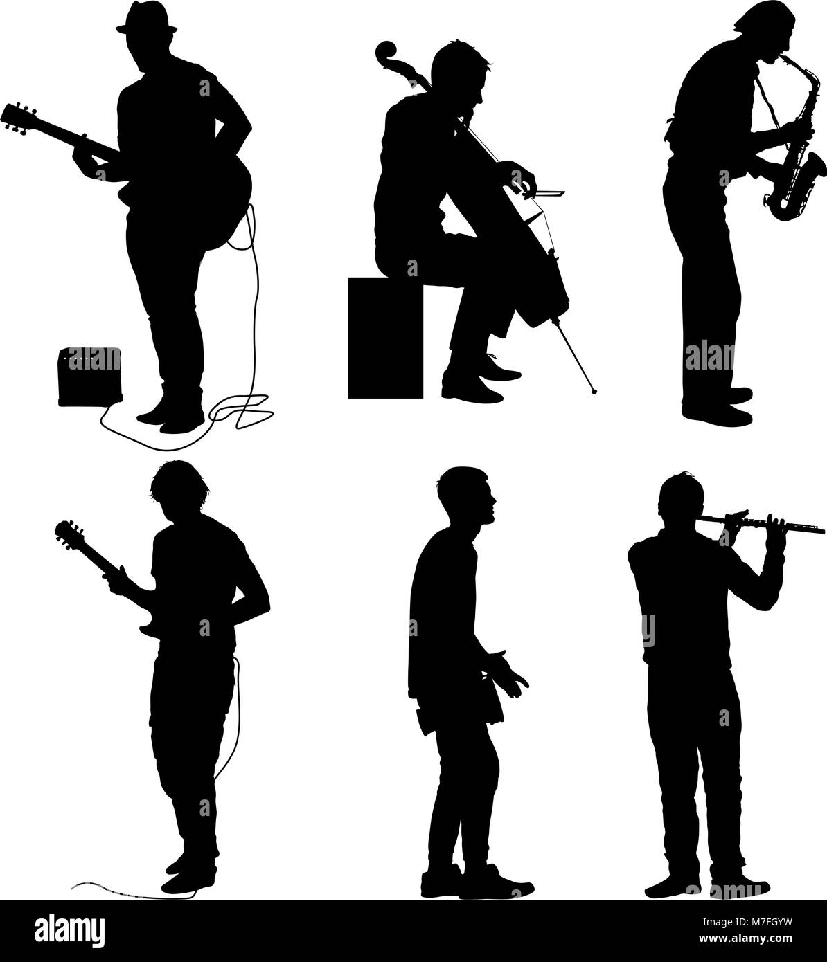 Silhouettes street musicians playing instruments on a white background ...