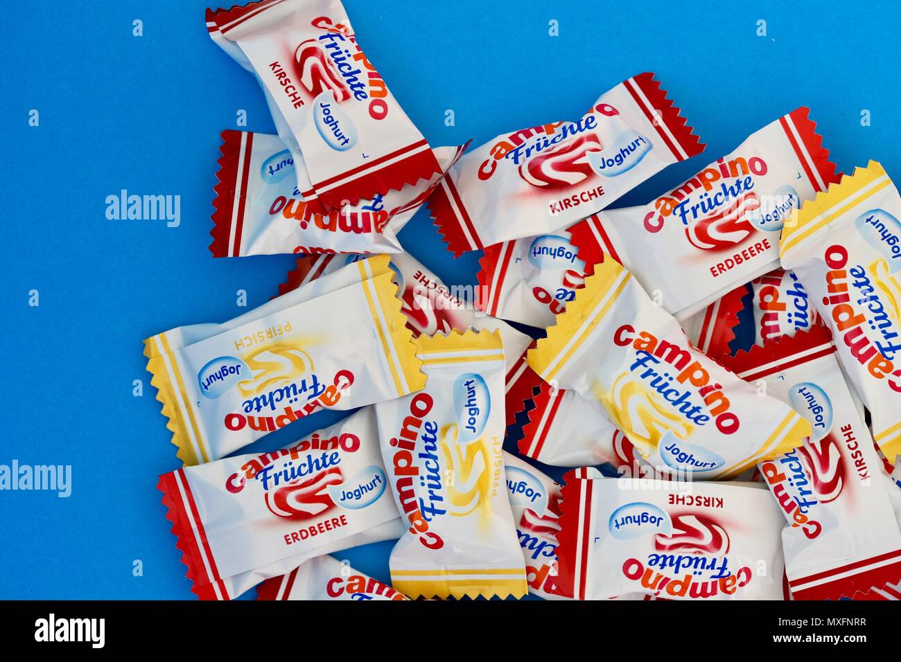 Campino boiled sweets, fruit and yogurt flavours, blue background Stock ...