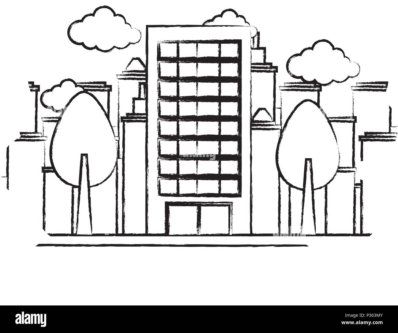 sketch of city building and trees over landscape and white background ...