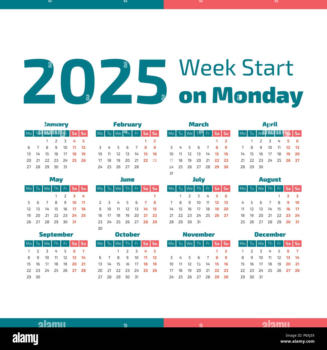 Simple 2025 Year Calendar Week Starts On Monday Stock Vector Image Art Alamy