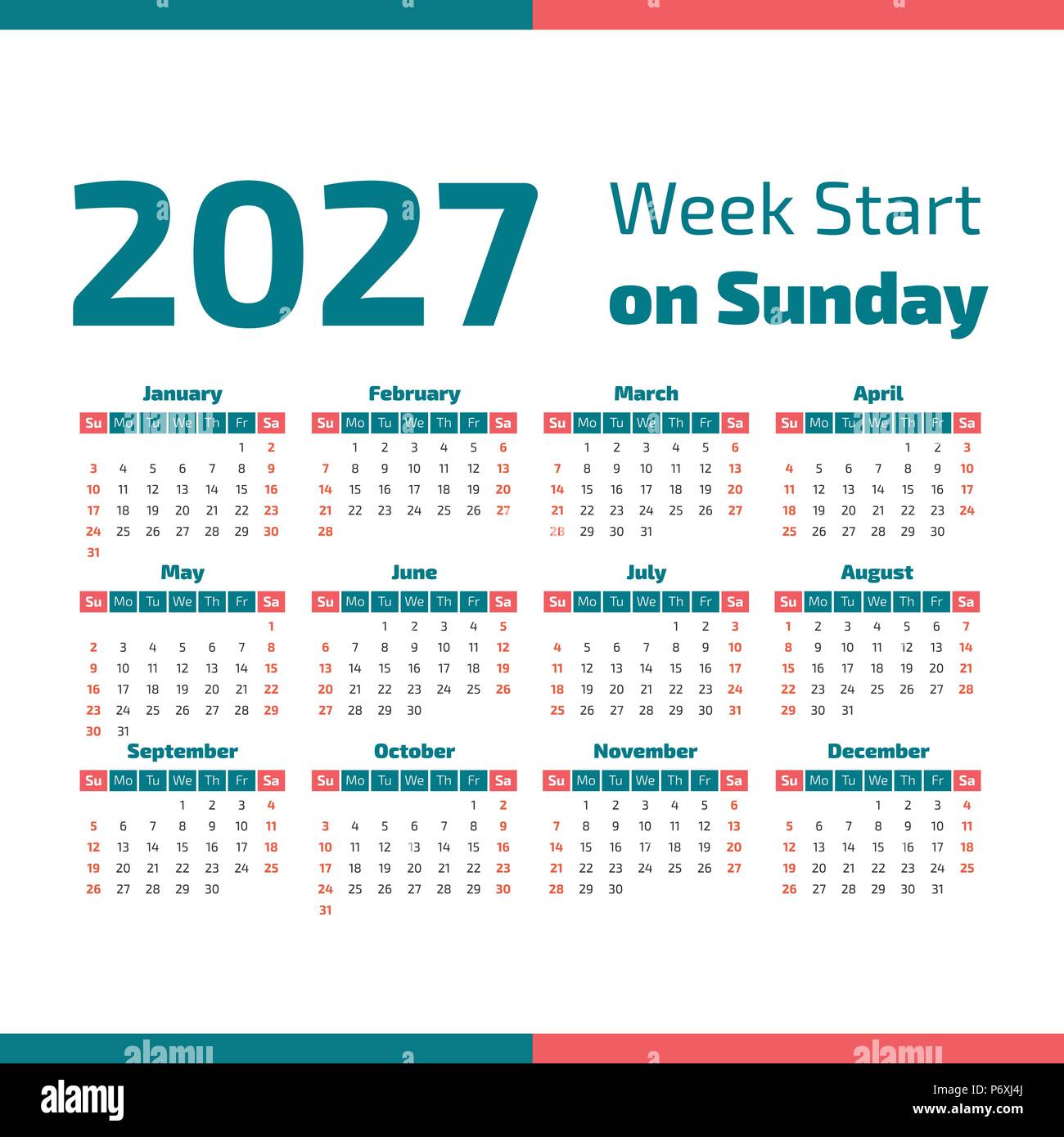 Simple 2027 year calendar, week starts on Sunday Stock Vector Image