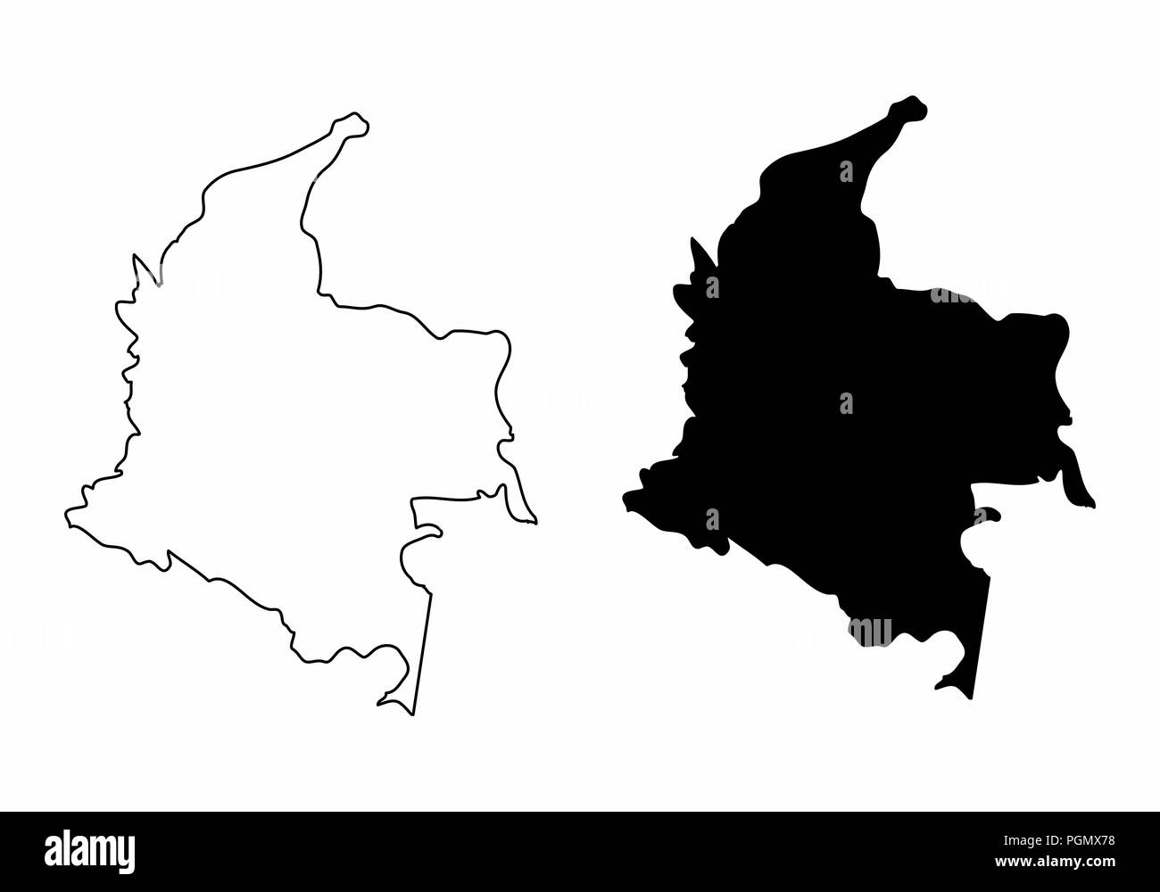 Simplified Maps Of Colombia Black And White Outlines Stock Vector