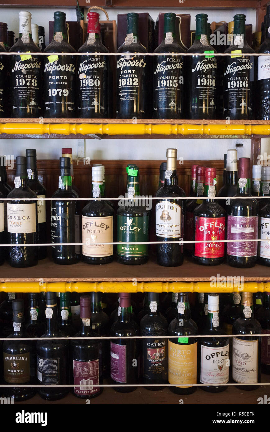Port wine bottles on display, Alte village, Algarve, Portugal Stock ...