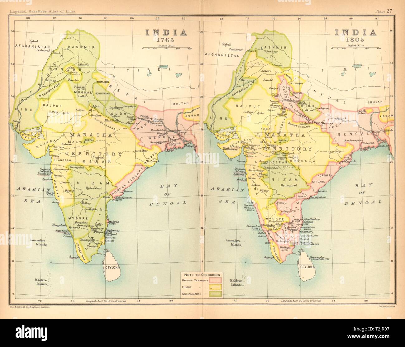 INDIA HISTORICAL. 1765 & 1805. British, Hindu & Muslim states 1909 old map Stock Photo Alamy