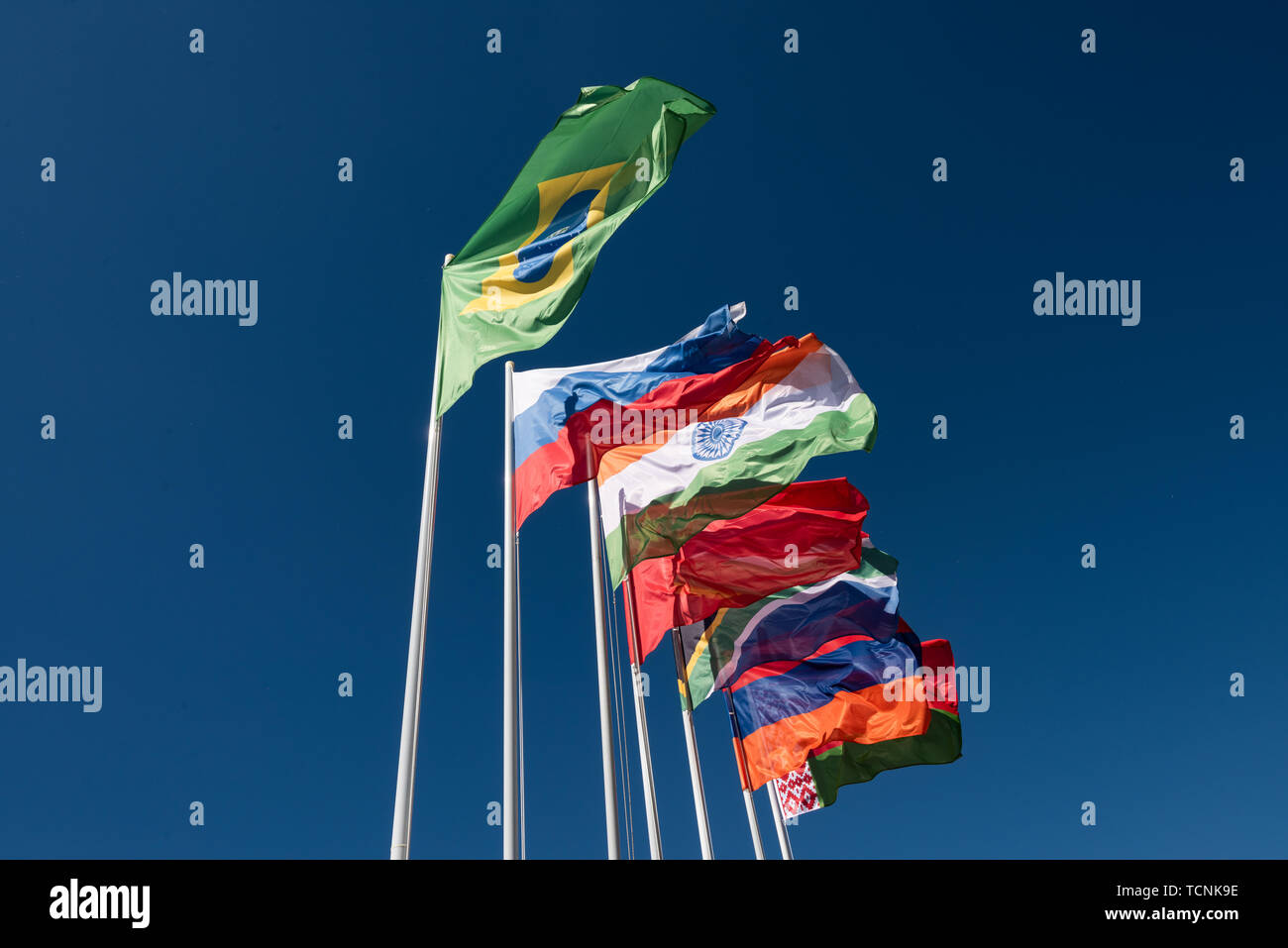 Flags of the BRICS countries in the blue sky Stock Photo - Alamy