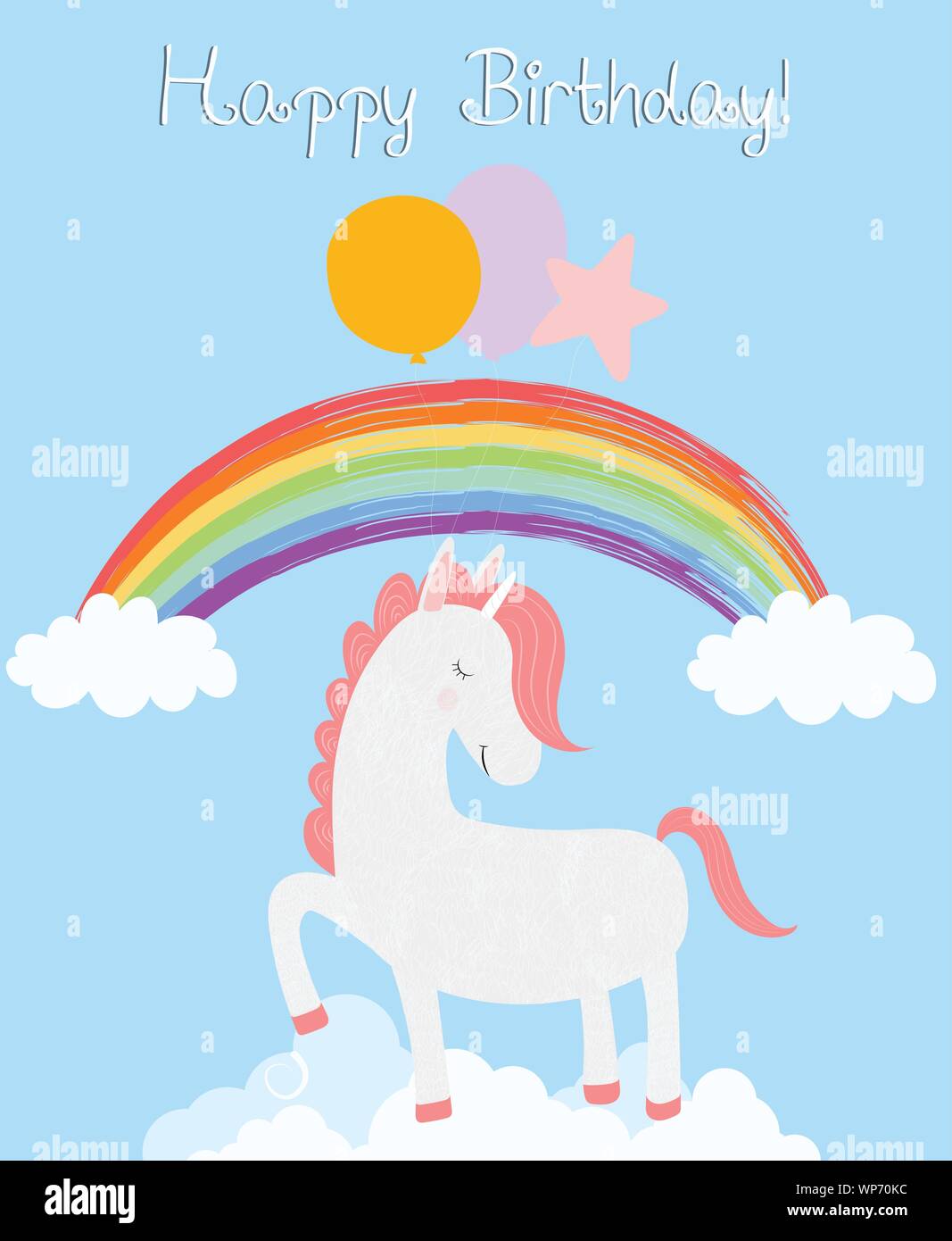 Cute unicorn happy birthday card, white pony with closed eyes hold ...