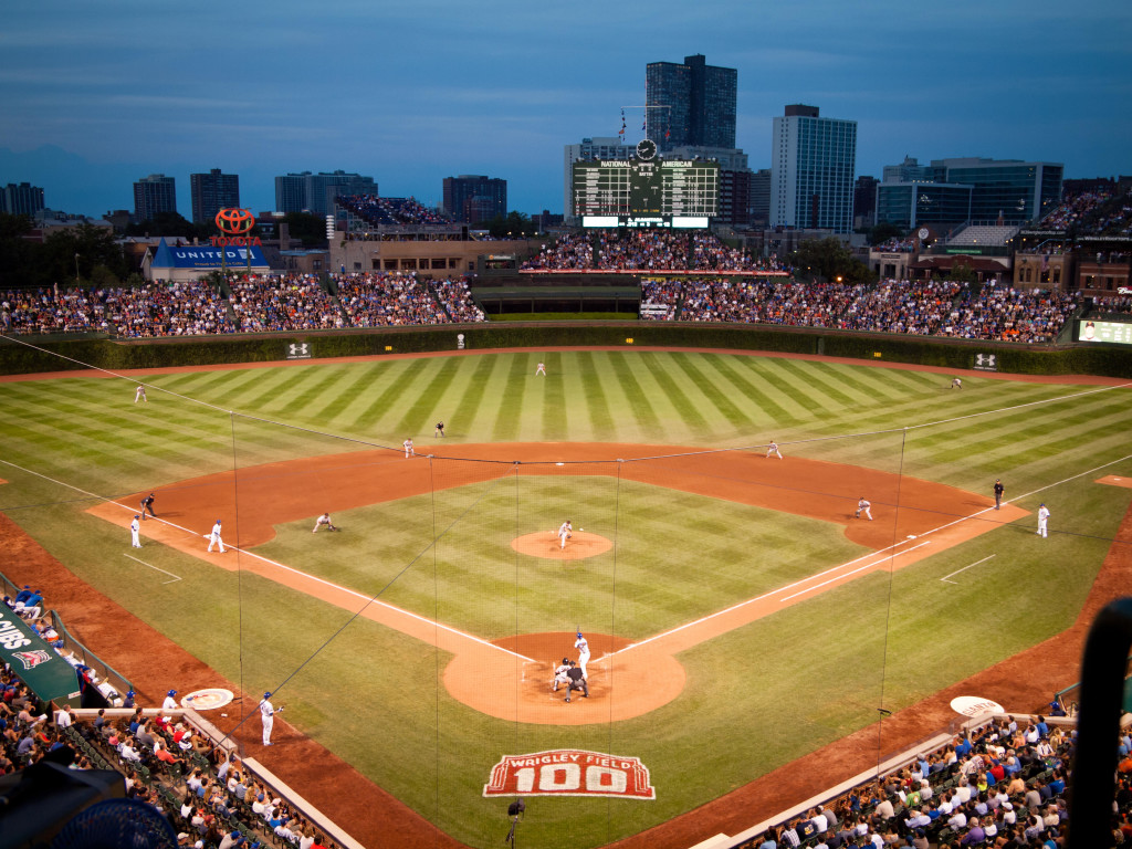 A view of Wrigley Field during a night game between the San Francisco Giants and Chicago Cubs on August 20, 2014.