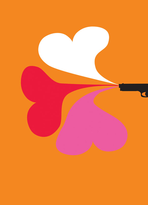 Gun firing three hearts of love.