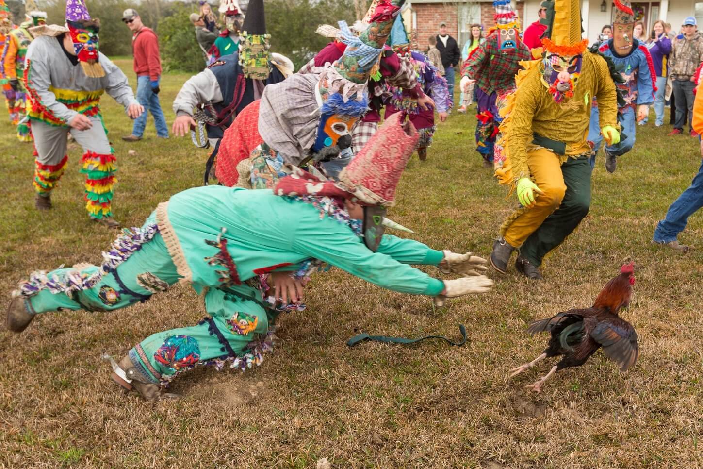LeJeune Cove, Louisiana, USA. 06th Feb, 2016. Cajun Mardi Gras revelers chase a live chicken during the LeJeune Cove Courir de Mardi Gras February 6, 2016 in Iota, Louisiana. Revelers romp through the countryside causing mischief and begging then celebrat