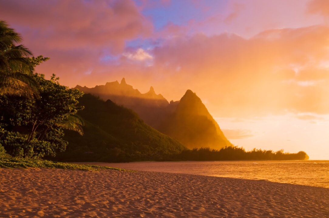 Golden hour in Na Pali Coast spires from Tunnels Beach Island of Kauai Hawaii