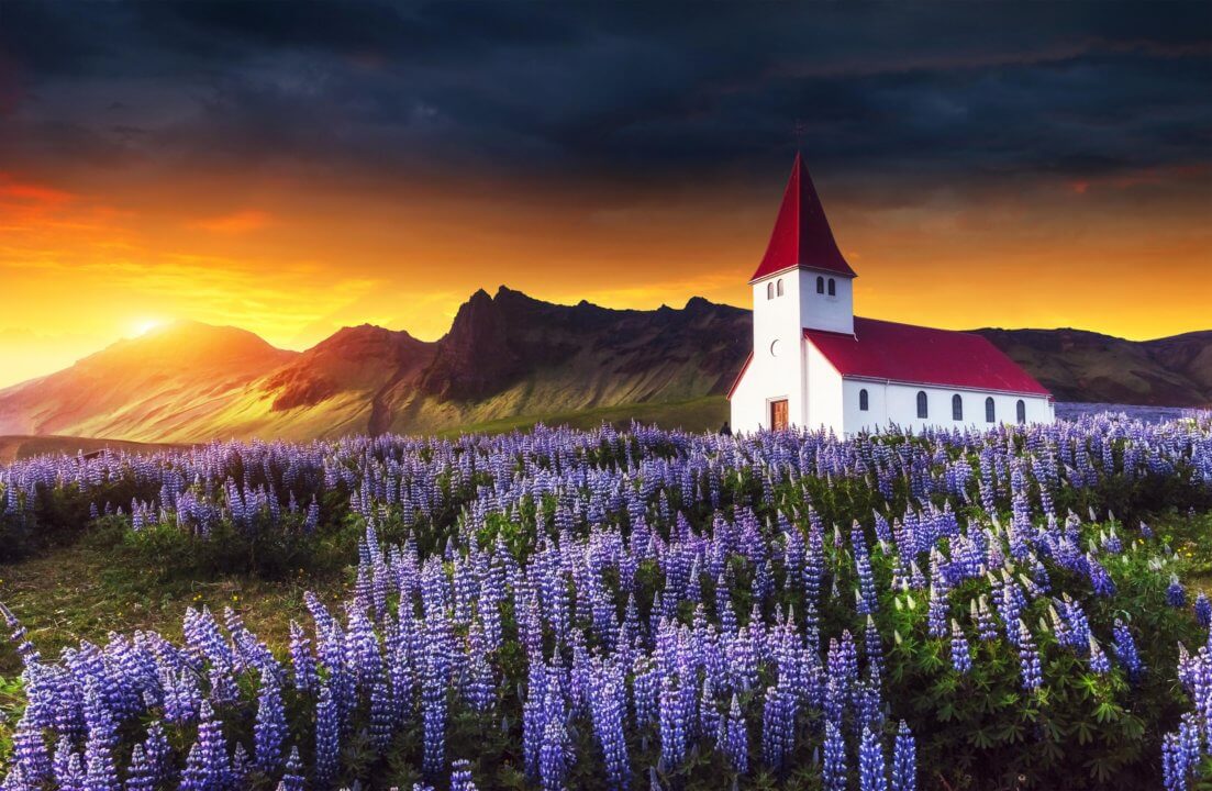 Golden hour at Lutheran church in Vik. Fantastic sunset. Iceland